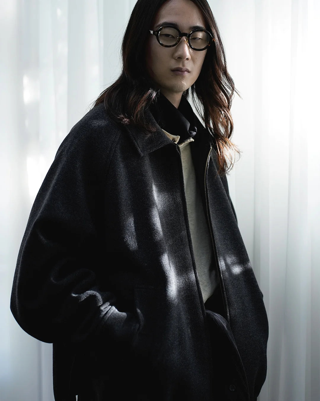 Wool Brend Herringbone Tweed Volume Zip Blouson