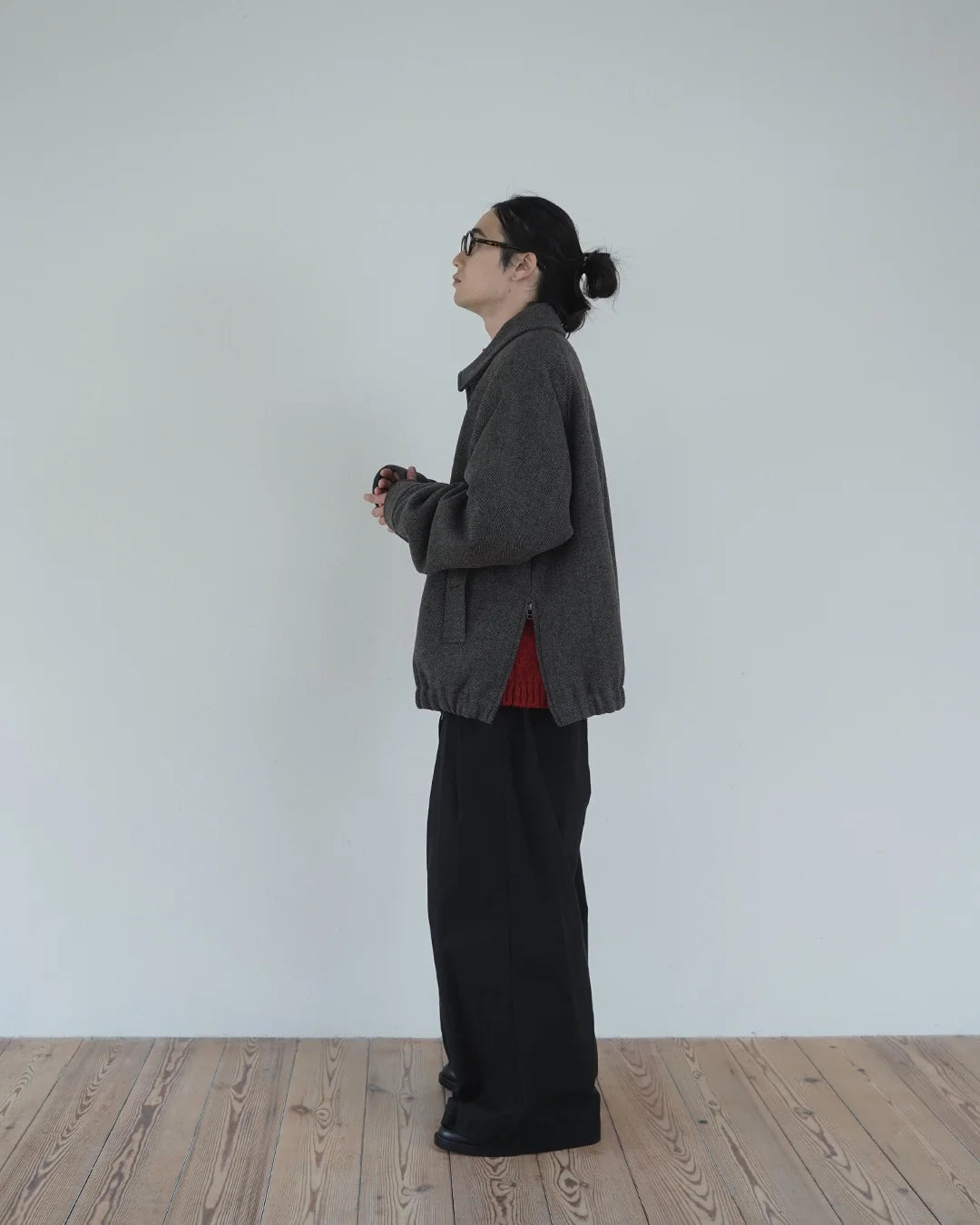 Wool Brend Herringbone Tweed Volume Zip Blouson