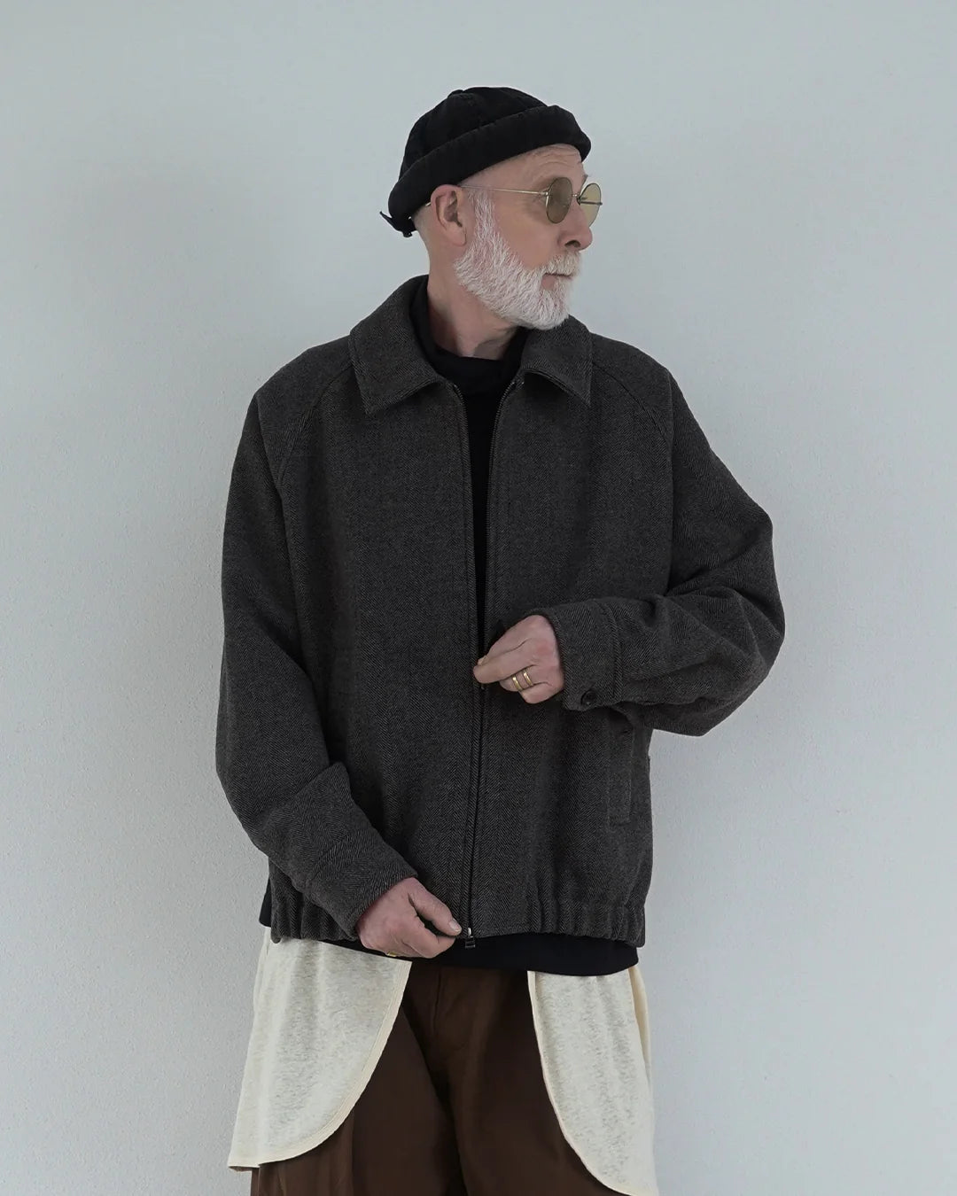 Wool Brend Herringbone Tweed Volume Zip Blouson