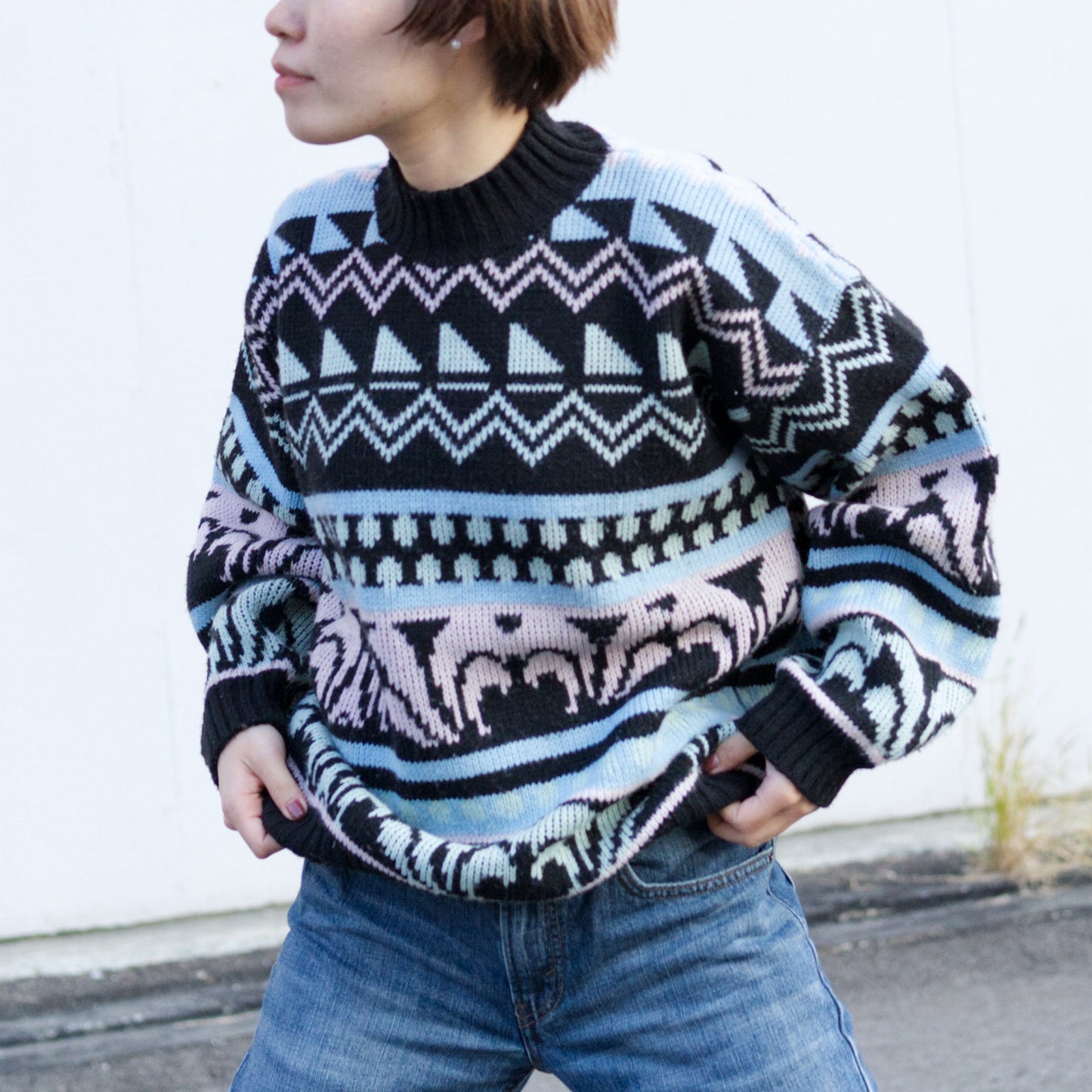 80s Nordic abstract high neck sweater